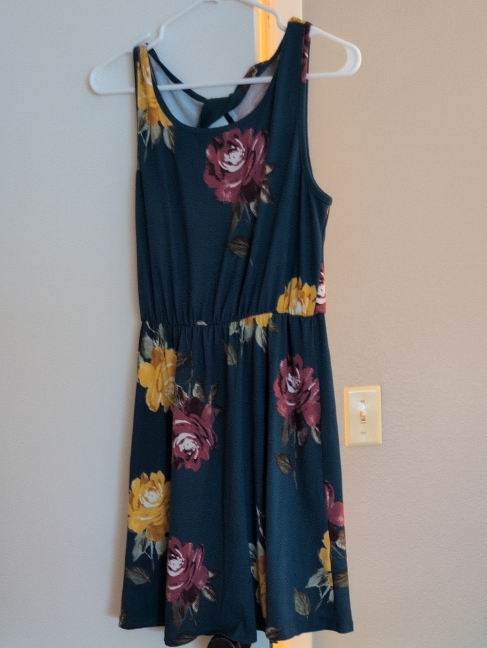 French Grey Teal Floral Sleeveless Sundress with Yellow & Rose Blooms